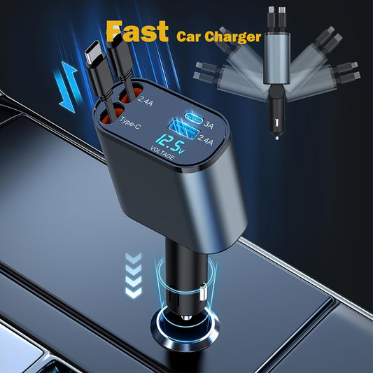 4 In 1 Fast Car Retractable Car Phone Charger For Ios And Android